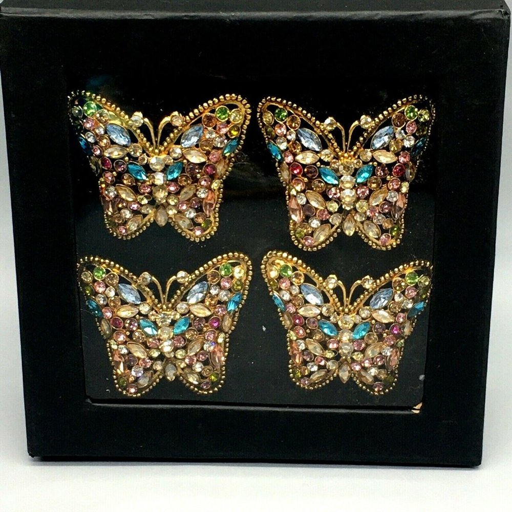 4 TAHARI Jeweled Rhinestone Butterfly Napkin Ring Set Gold Spring Summer Easter